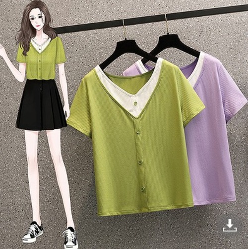 【大きいサイズL-4XL】【春夏新作】ファッションＴシャツ♪パープル/グリーン2色展開◆#sedmvm-690117