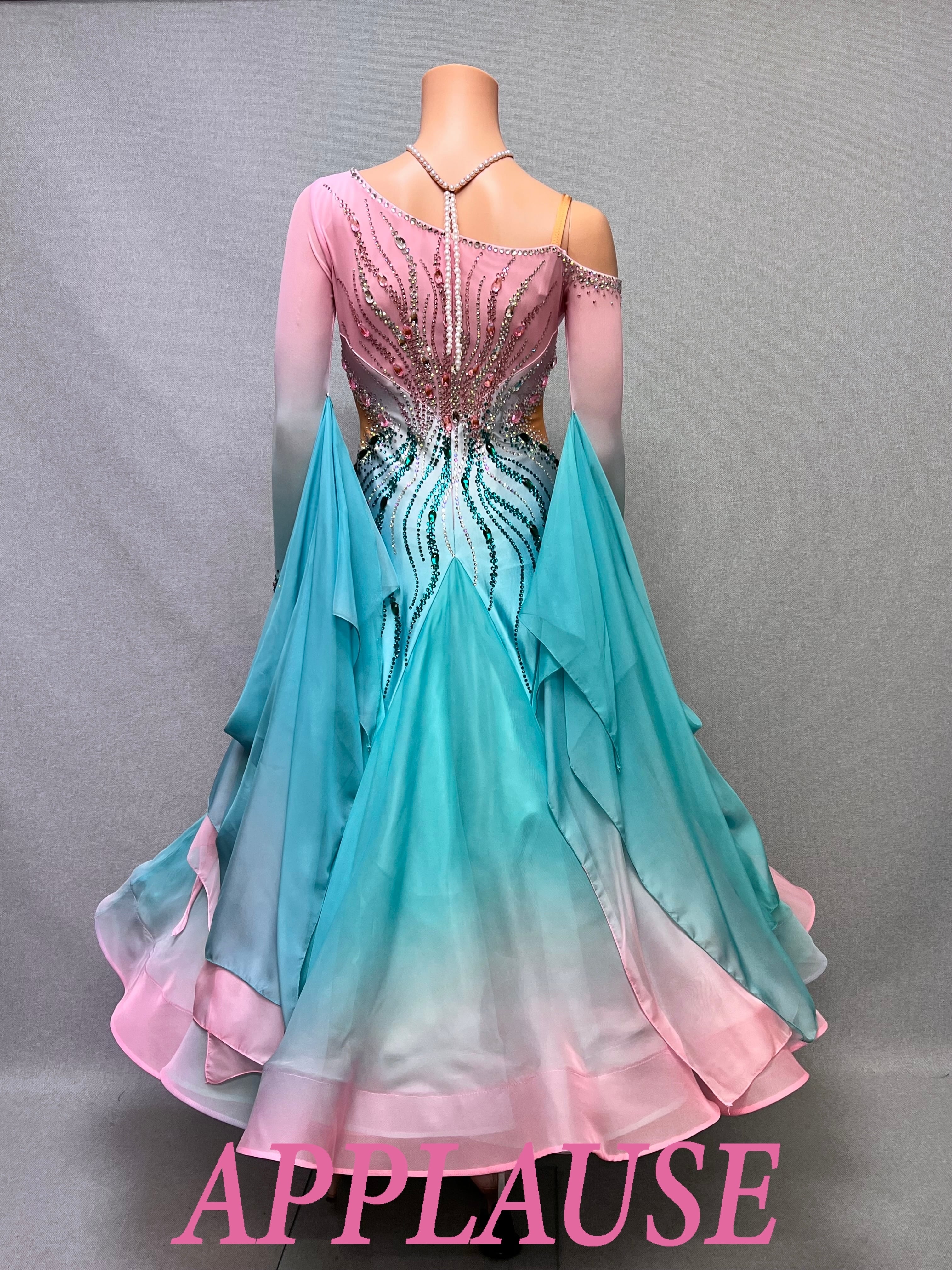 【新着】社交ダンス ドレス　モダン　スタンダード ドレス　　ST-26-6　　ピンク＆グリーン　M　デモ・競技用ドレス　発表会　衣装　パーティドレス　ワンピース　舞台衣装