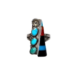 navajo silver onyx & turquoise inlay ring