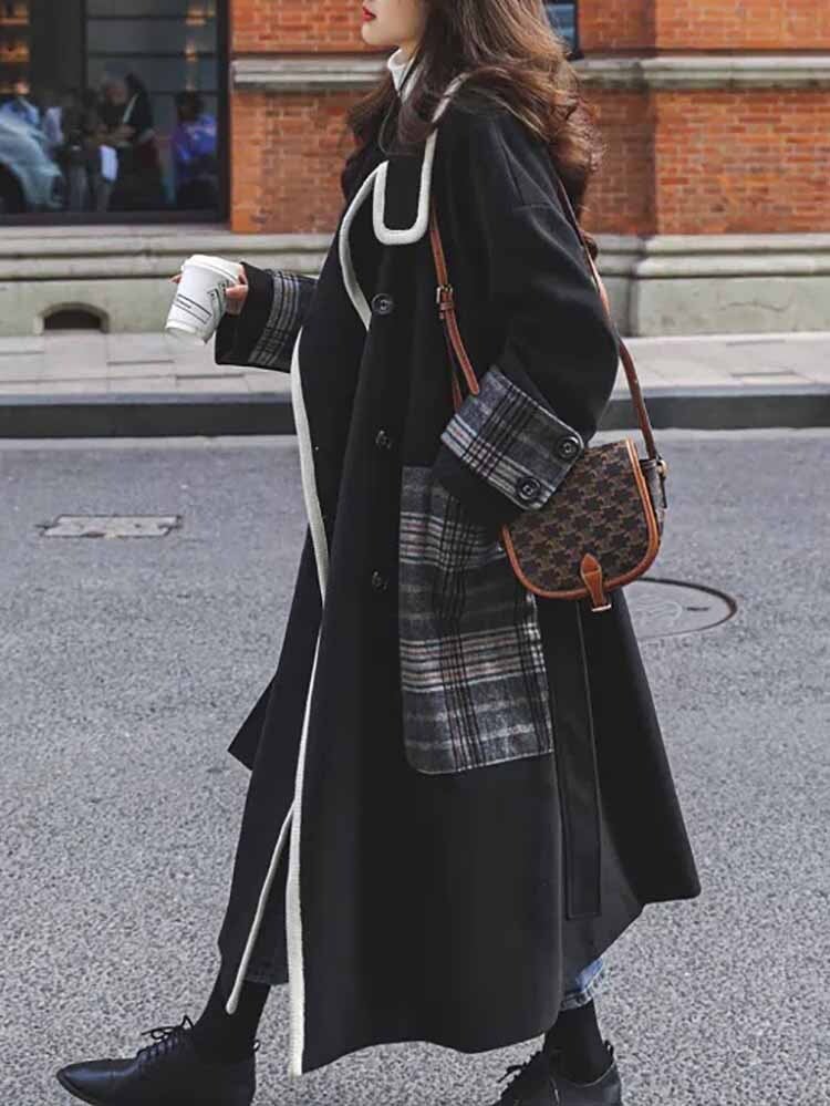 即納】1点限定 チェック柄デザインダブルブレストロングコート 大人