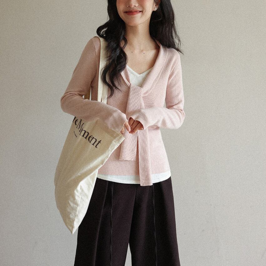 neck-ribbon layered knit top　J00420