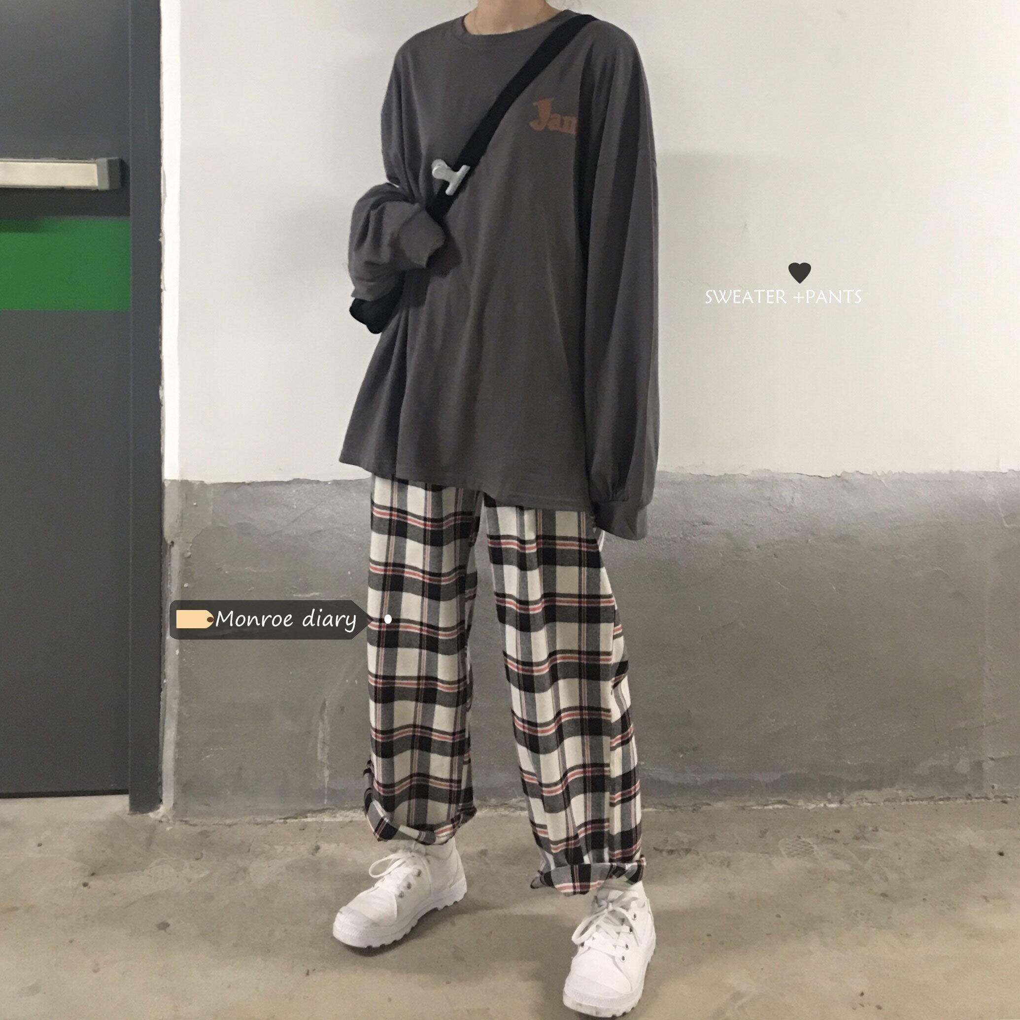 スプリングプリントセーター スタンダード格子柄 ロング レトロ 春物 モンロー1596384