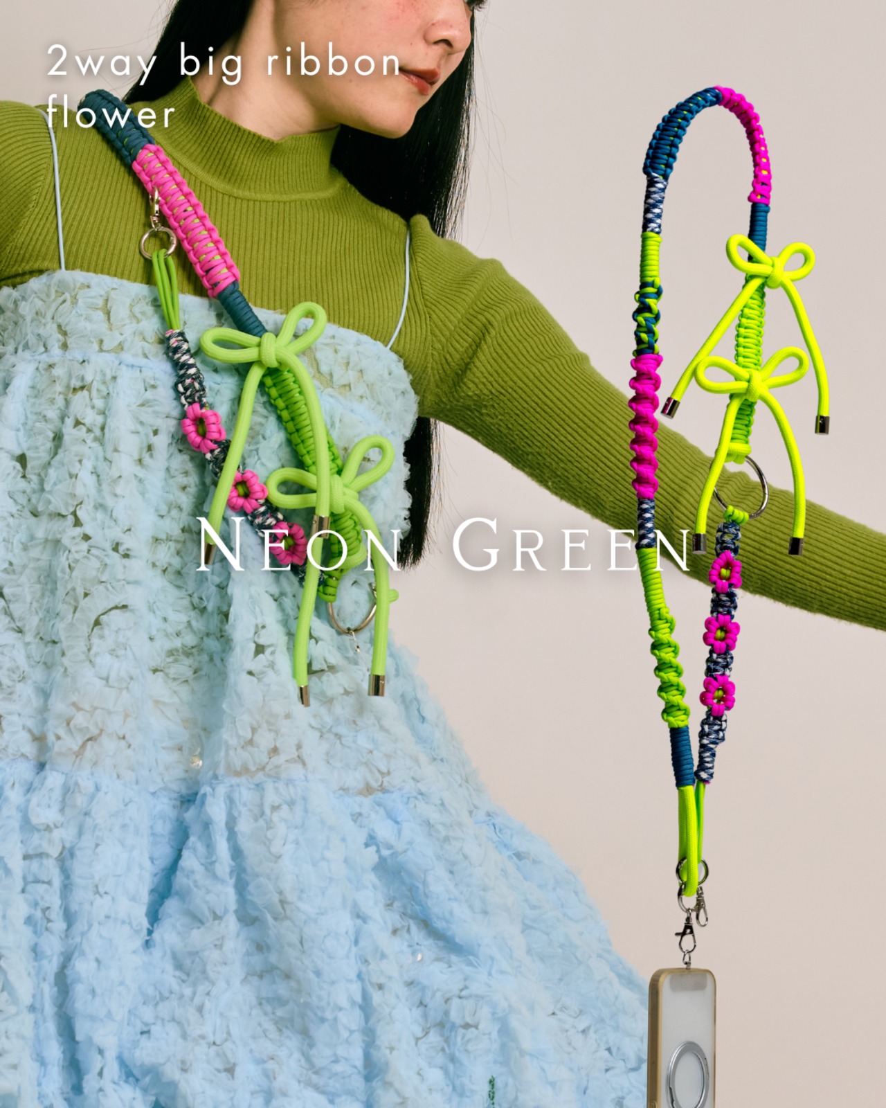 2way big ribbon flower strap Neon Green