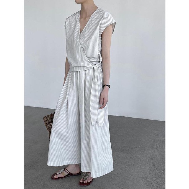 striped wrap blouse & wide-leg pants set