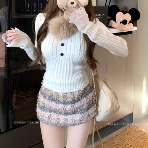 【2点セット】5色／リブ切替ケーブルニットトップス＋ファーマフラー ・74148