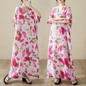 PRINT V-NECK SHORT SLEEVE LOOSE MAXI DRESS M-18039