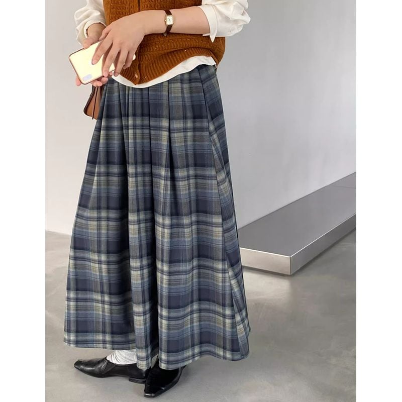 ウエストゴムフレアチェックスカート 202202