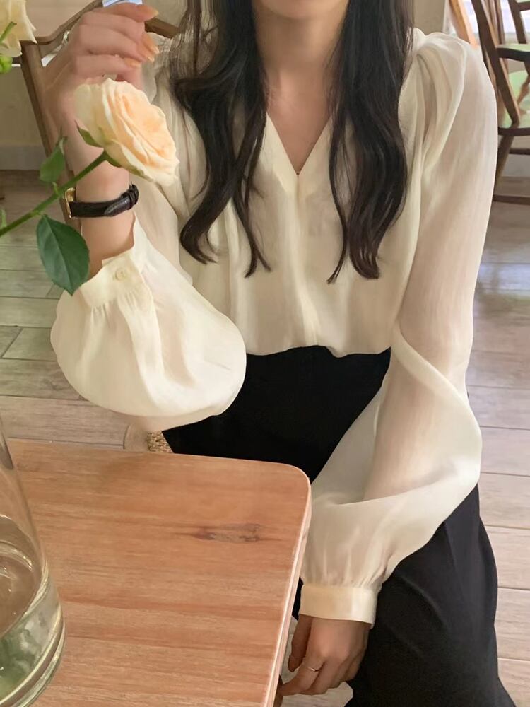 スタンダードジャケット オータム薄手ルーズソリッド カラーVネックシャツ ロング レトロ 秋物 ソリッドカラー ビッグFスモールZ韓国85742597293