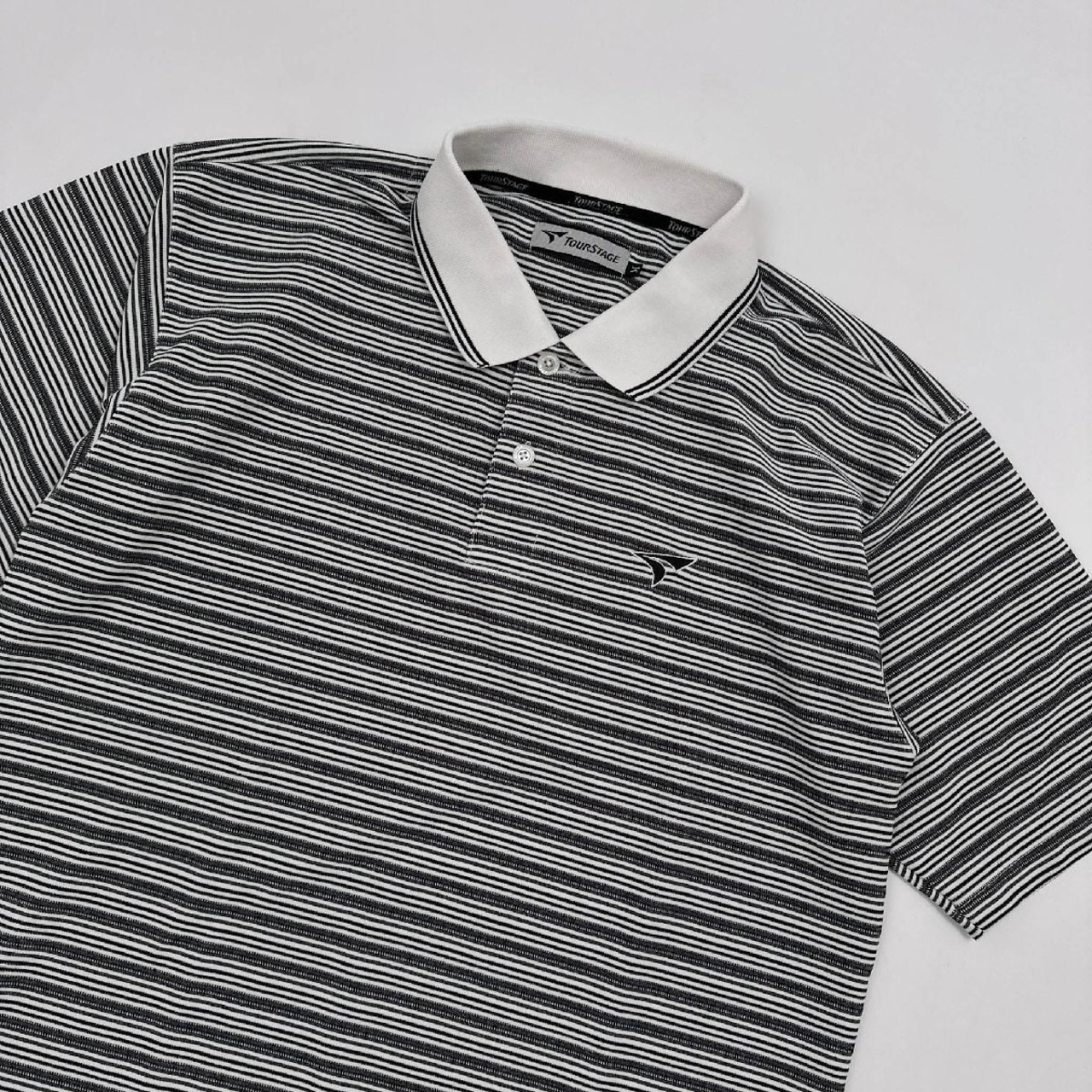 ゴルフ◆TOURSTAGE ツアーステージ ボーダー柄 半袖 ドライ ポロシャツ シャツ Mサイズ/ブラック×ホワイト/スポーツ