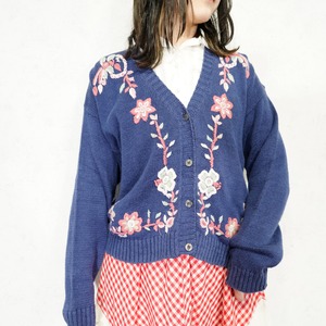 USA VINTAGE ONE STEP UP FLOWER HAND EMBROIDERY DESIGN COTTON RAMIE KNIT CARDIGAN/アメリカ古着お花ハンド刺繍デザインコットンラミーニットカーディガン