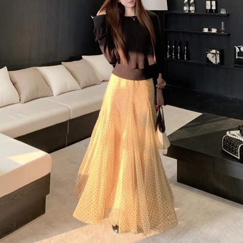【2点セット】ケープデザインリブニット＋ドットチュールマキシスカート ・76117