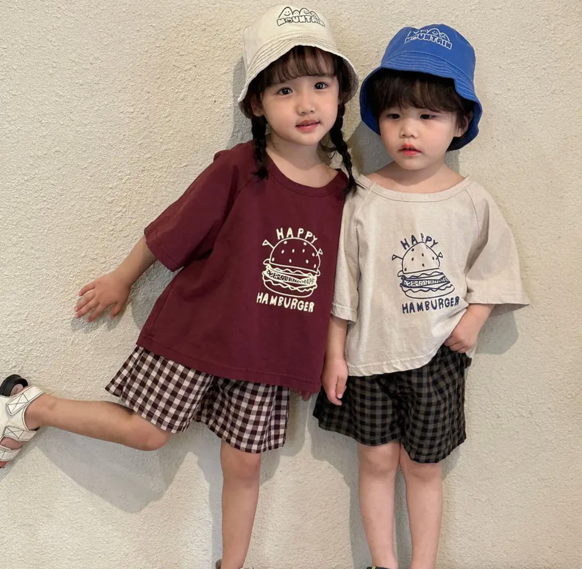 ハンバーガー柄Tシャツチェック/パンツ