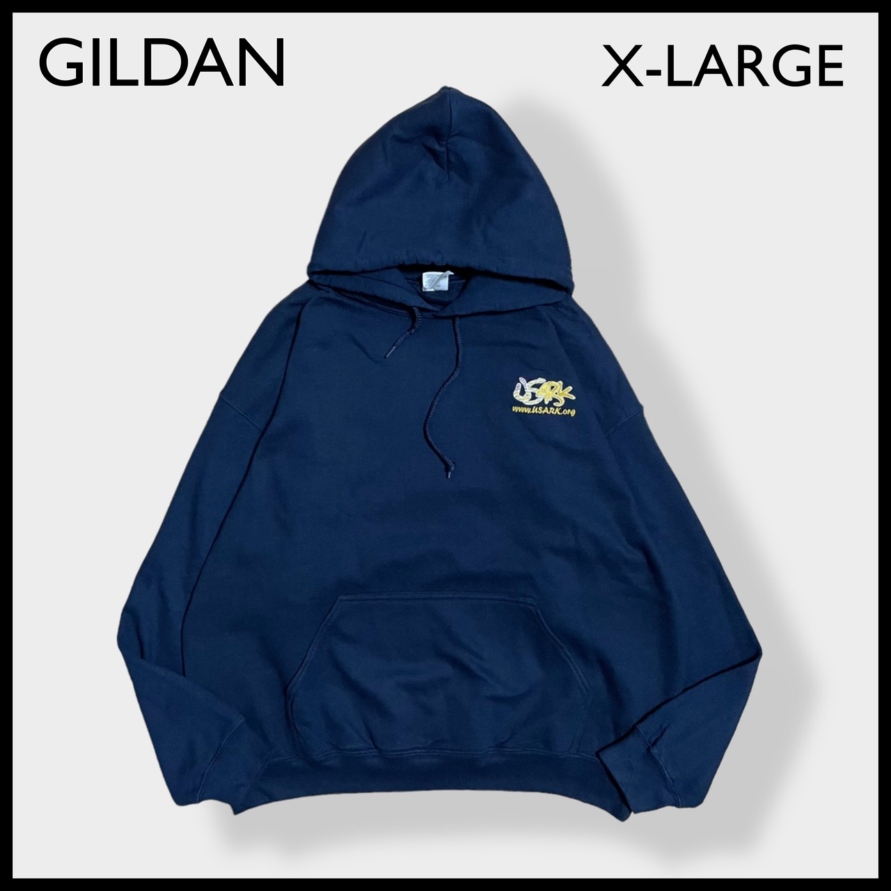 【GILDAN】USARK 刺繍ロゴ パーカー フーディー プルオーバー ワンポイント X-LARGE ネイビー US古着