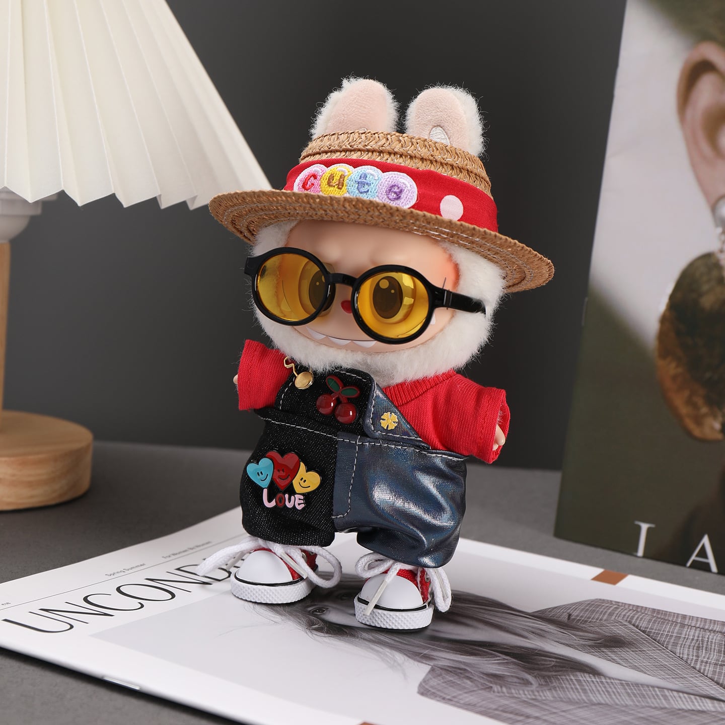 ラブブ 1-3世代対応 トップス+サロペット+麦わら帽子+靴+メガネ Labubu