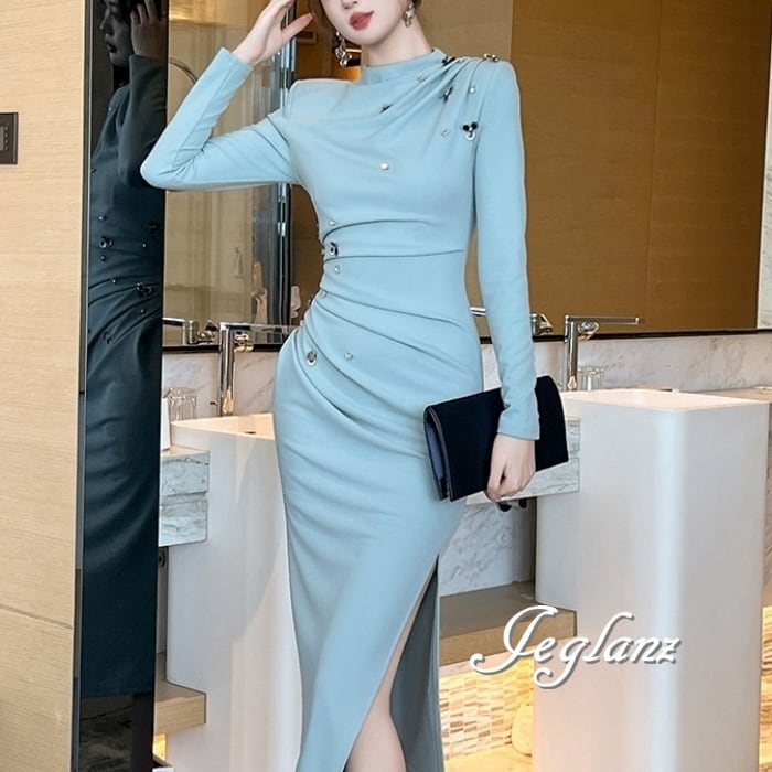 パーティドレス ワンピース ビジュー ドレープ スリット入り(MA692)ζ