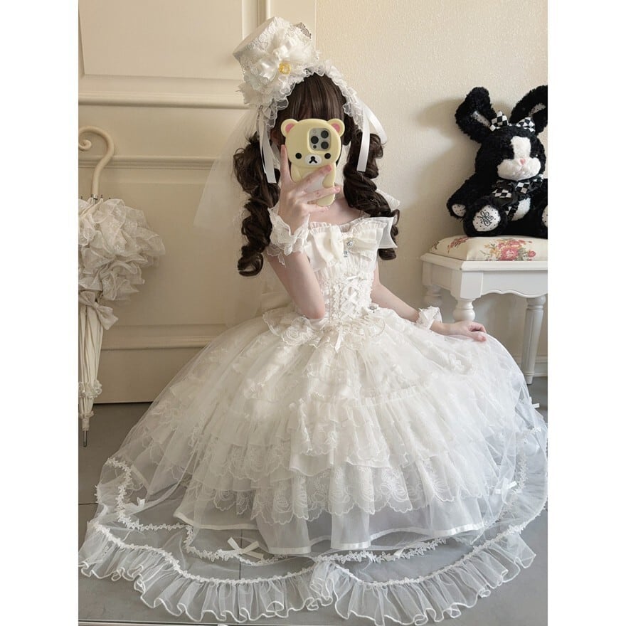 量産型甘ロリ|リボンとレースが重なるプリンセス編み上げジャンパースカート お茶会向け