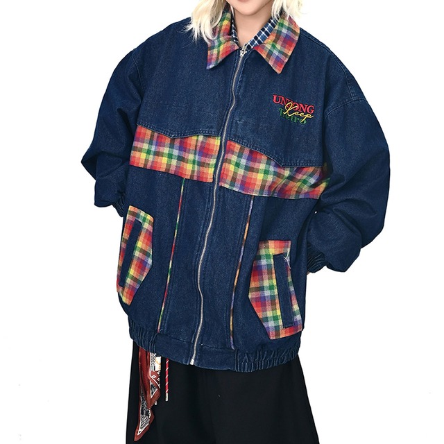 チェックパッチワークデニムブルゾン   R01124