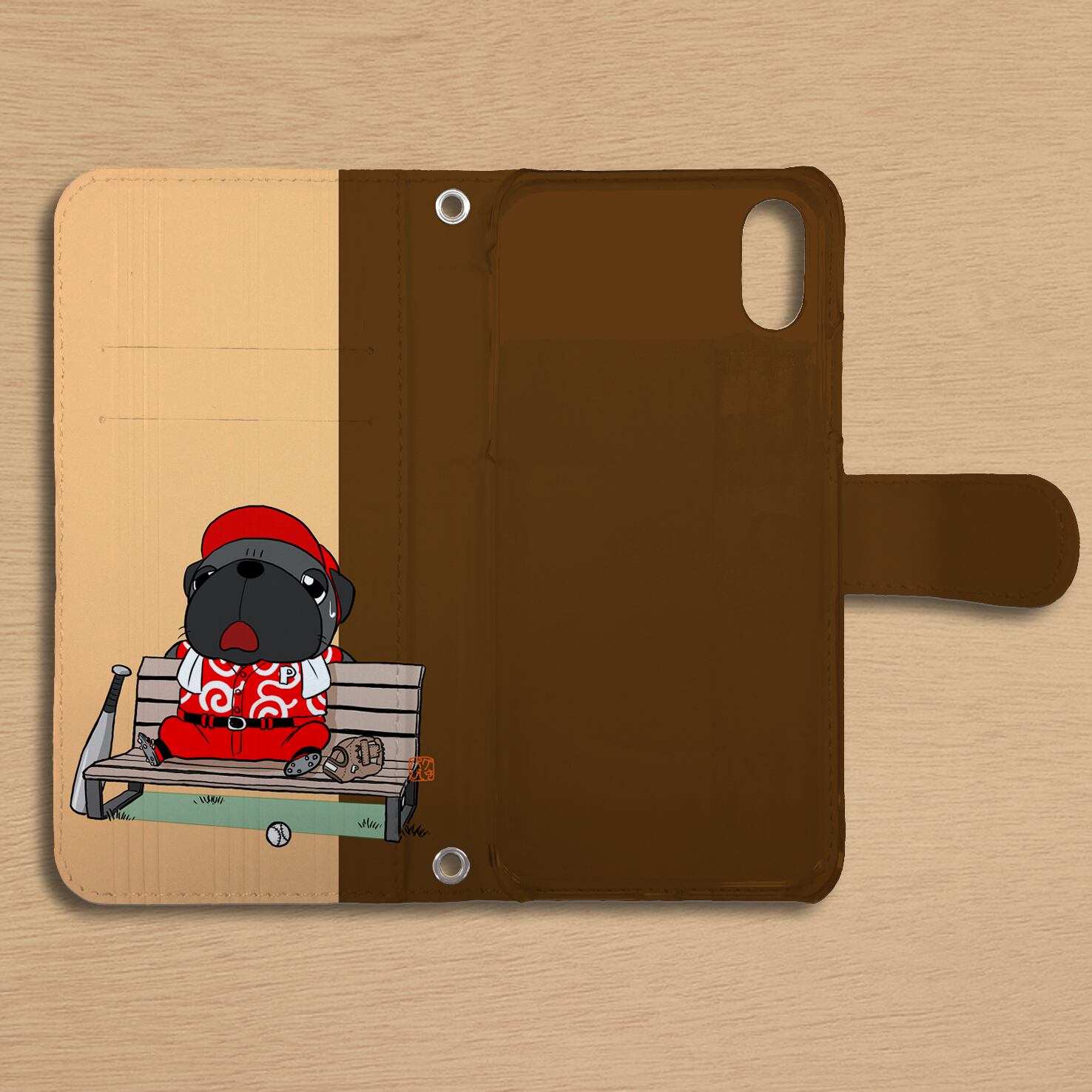 スタンド付き 両面印刷 手帳型 iphoneケース 野球パグ（黒パグ）