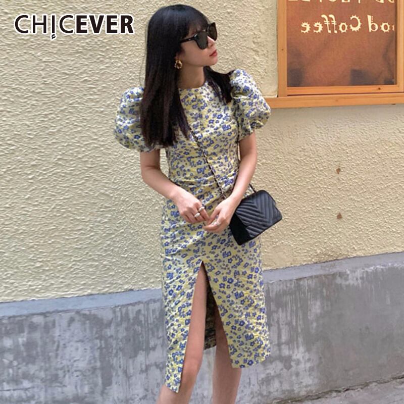 CHICEVERヴィンテージプリントドレスレディースOネックパフ半袖ウエストスリムスプリットドレス2020年夏ヴィンテージ ショート ハーフスリーブ サマー 夏物 ビンテージ 6base597553437746