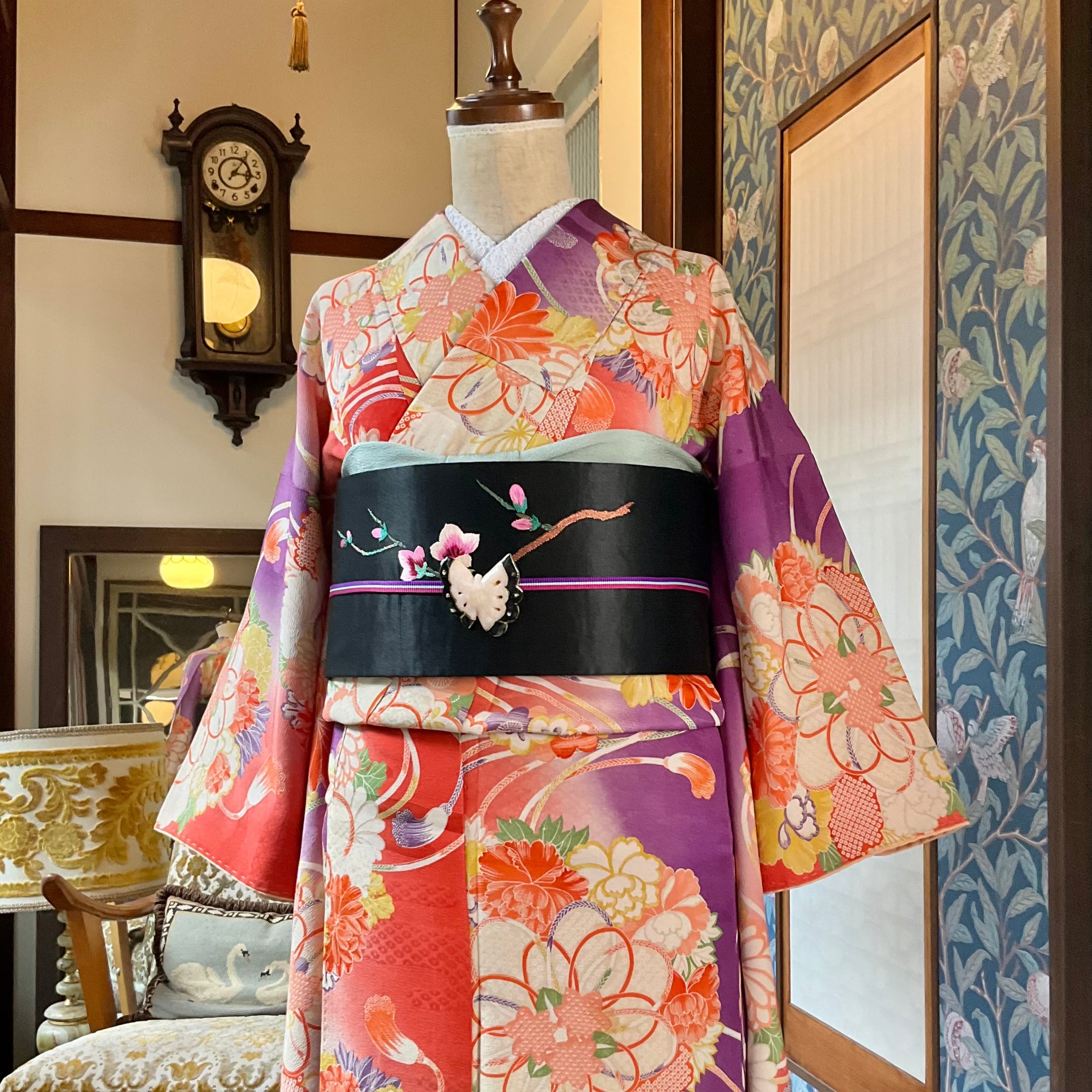 桃の花とさえずり*小鳥 刺繍 黒繻子 アンティーク名古屋帯 B410 桃の花とさえずり*小鳥 刺繍 黒繻子 アンティーク名古屋帯 B410