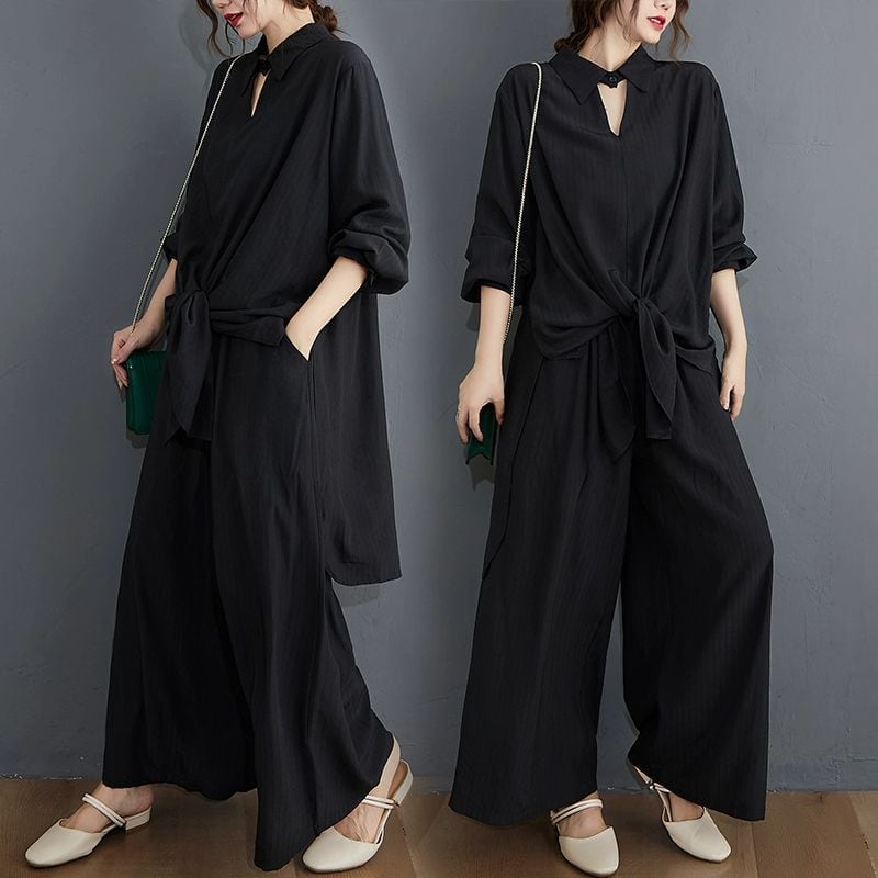 BLACK LONGLINE DESIGN SHIRT & WIDE LEG PANTS SET 2pieces 1color M-10804