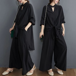 BLACK LONGLINE DESIGN SHIRT & WIDE LEG PANTS SET 2pieces 1color M-10804