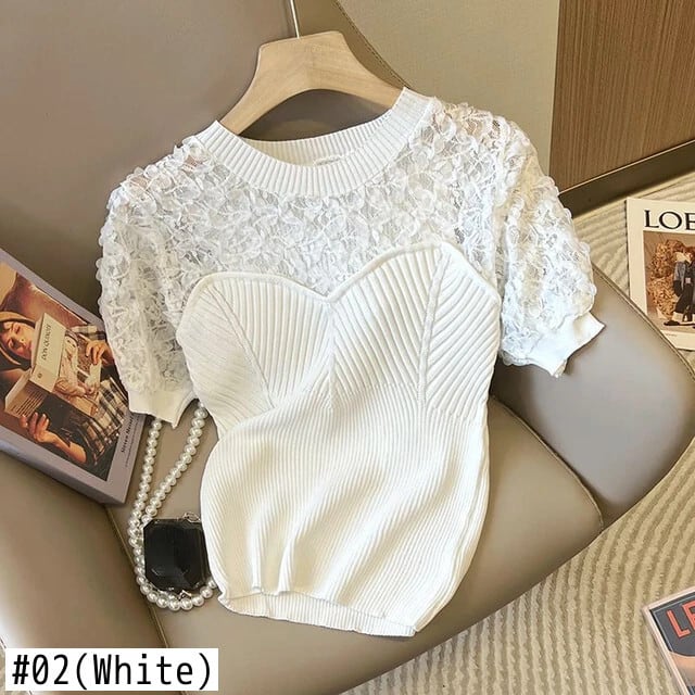 夏 Tシャツ O ネック白レースチュニックニット Tシャツ気質 Y2k 夏 Tシャツ O ネック白レースチュニックニット Tシャツ気質 Y2k