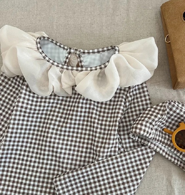 airy collar swim wear｜ 水着  チェック ワンピース ふわふわ 襟付き 女の子長袖