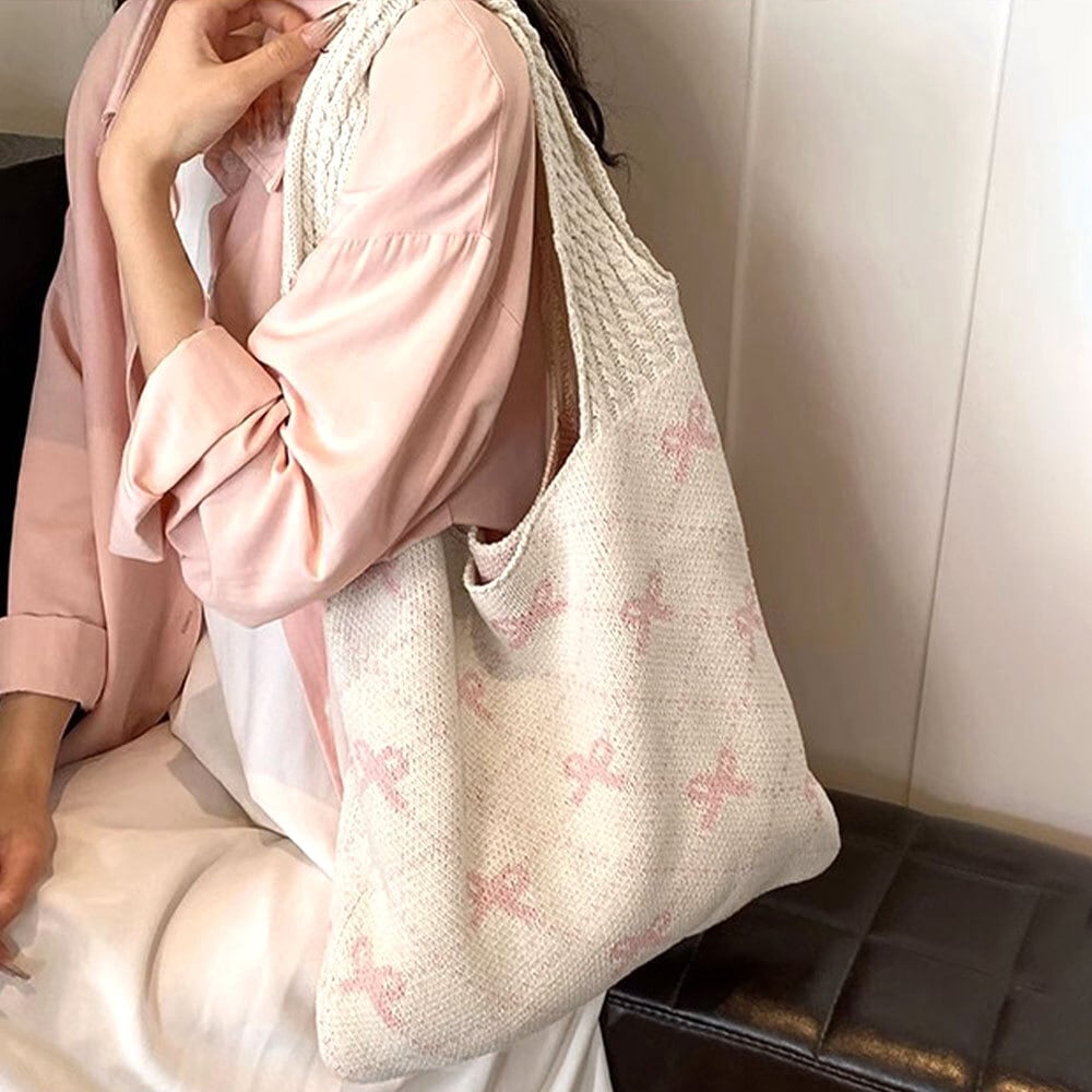 リボン柄 ニット トートバッグ レディース 韓国 大容量 大人 かわいい おしゃれ 通勤 通学 エコバッグ 折り畳み 軽量 A4 きれいめ カジュアル 大人可愛い 大人女子