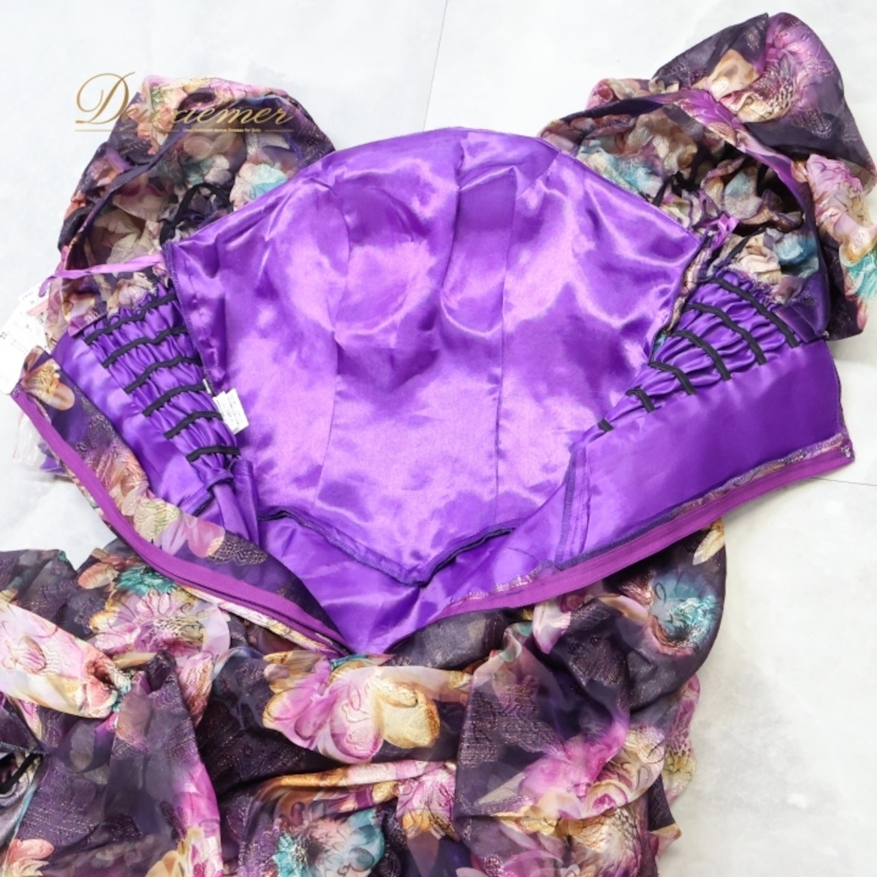 パーティドレス ワンピース ドレス パープル系 ドニャヴィストーサ Da Vistosa 紫 花柄 フリル レース 演奏会 発表会 ダンス 軽い フェミニン おしゃれ 豪華 ステージ イベント 華やか