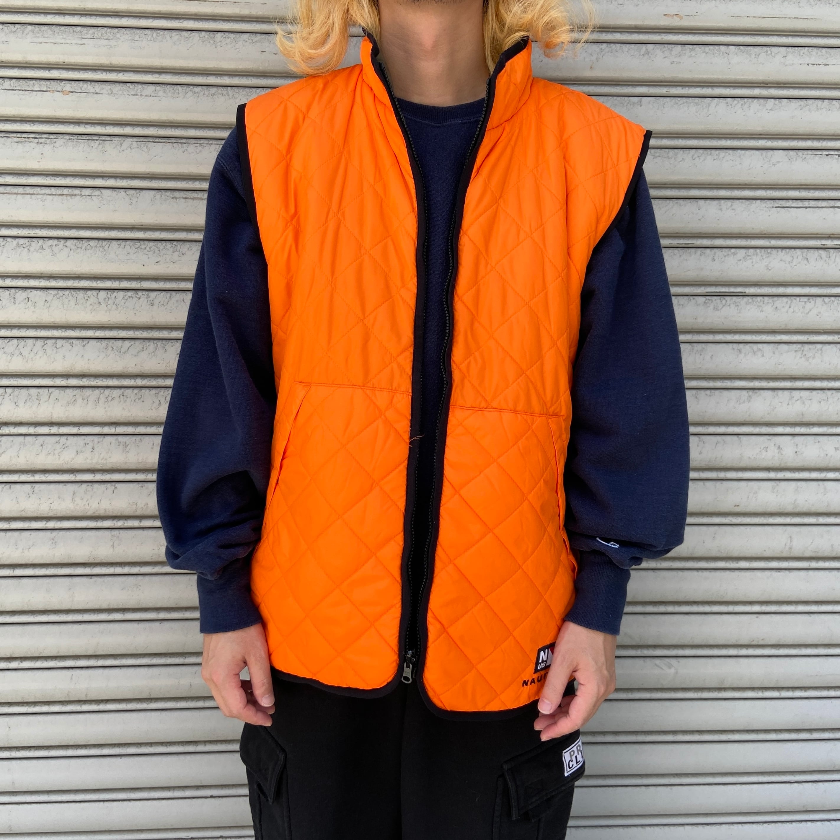 90s nautica キルティングリバーシブルベスト オレンジ カーキ XL