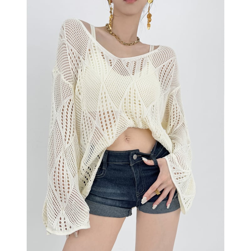 lattice knit oversized v-neck pullover la1843