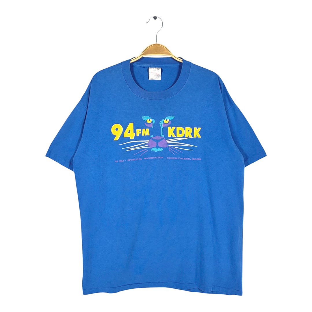 90s FM局 KDRK パンサー 豹 USA製 ヴィンテージ Tシャツ ブルー アニマルプリント シングルステッチ ONEITA サイズXL 古着 BZ0592