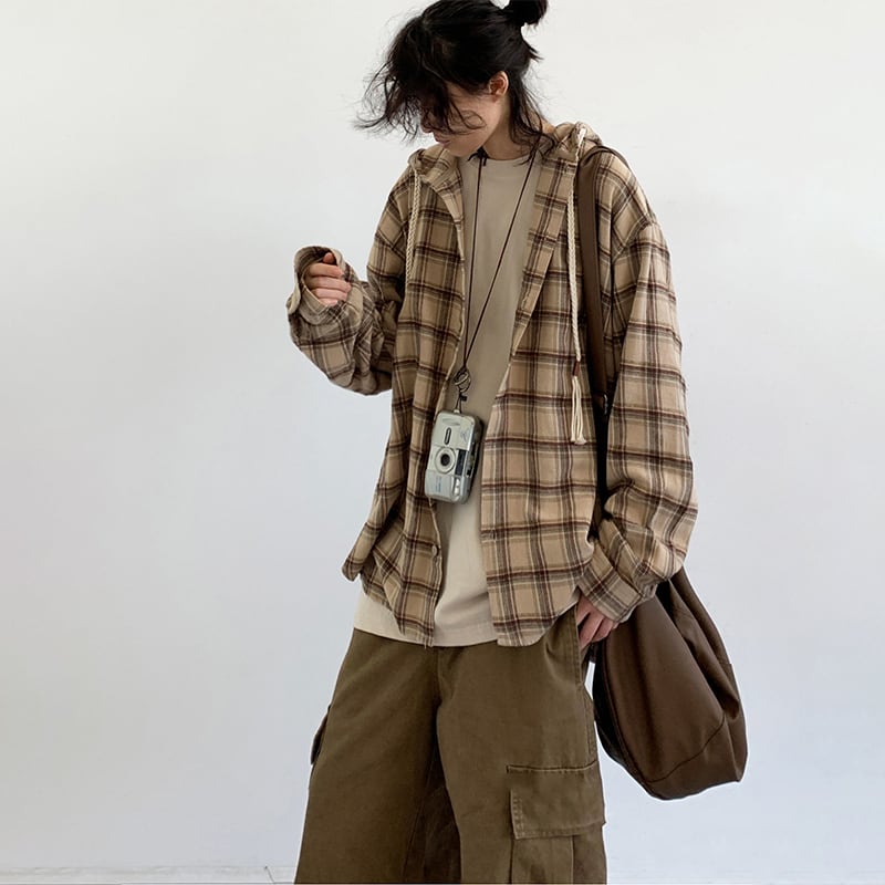 jiwuus茶色フード付きチェック柄長袖シャツ | mblueshop