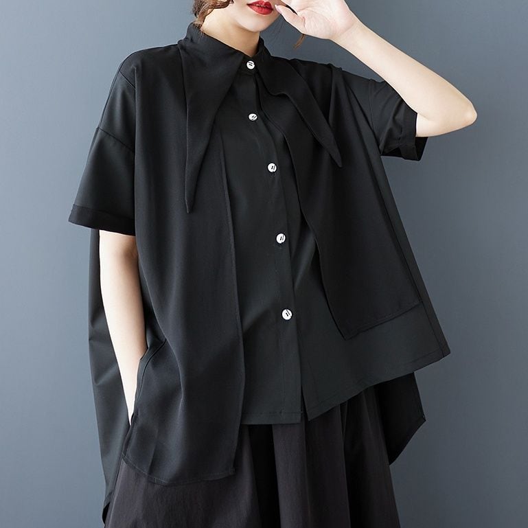 BLACK LONG POINTED COLLAR PLEATED BACK HALF SLEEVES SHIRT 1color M-13247