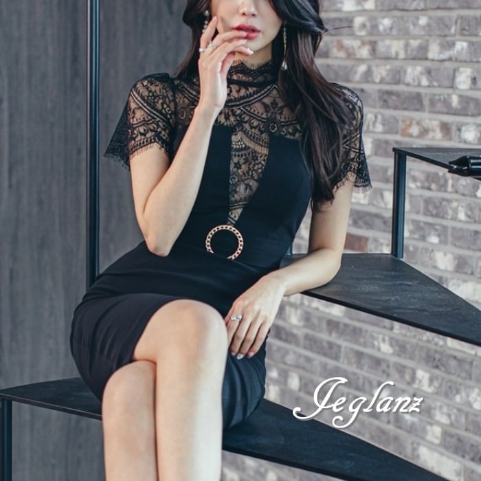 パーティ ドレス ワンピース 異素材 レース 刺繍 タイト シアー感(M9109)ε