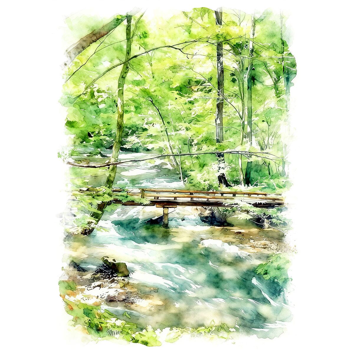 絵画(風景画) 日本 新緑の奥入瀬渓流 インテリアアート額付き 水彩画