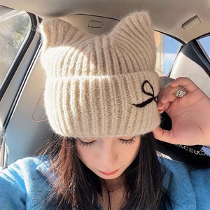 ニット帽 レディース 秋冬 猫耳 リボン付き ビーニー シャギーニット リブ 折り返し ニット キャップ 韓国 Y2K バレエコア 防寒 保温 ガーリー 大人可愛い 推し活 ライブ イベント 通学 お出かけ [LW-CGH003]