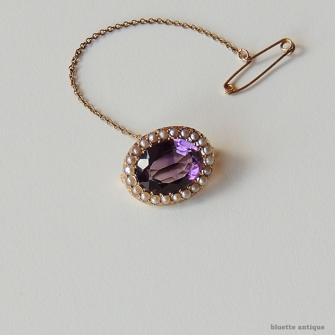 英国アンティークジュエリー 15ctゴールド 天然アメシスト 真珠 レースピン ブローチ（ソーティングメモ付）