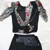 社交ダンス 衣装 ツーピース セットアップ 上下セット レッスンウェア ブラック系 レオタード トップス スカート 花 花柄 黒 赤 青 カラフル フリル 袖 練習 レッスン 華やか ダンス衣装 イベント パーティー レッド系 ブルー系 オレンジ系 シルバー系