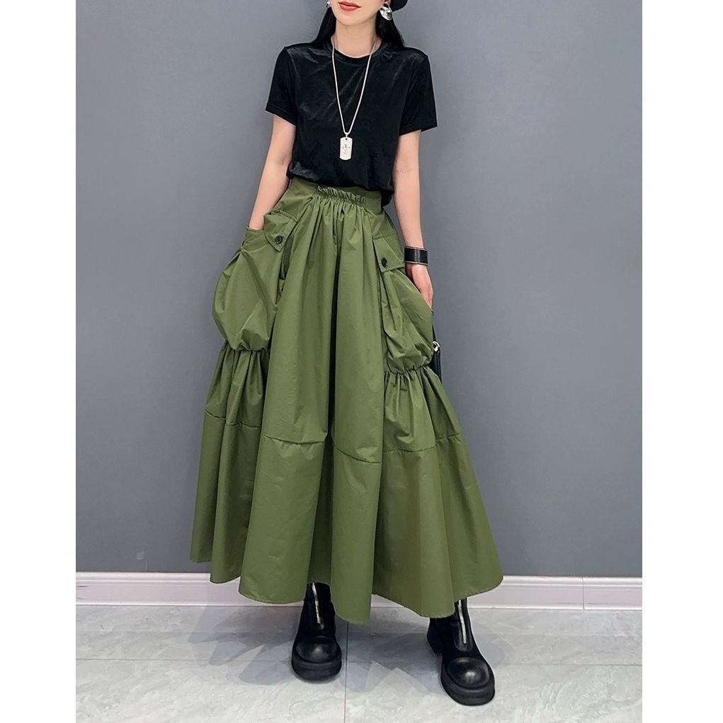 ARMY GREEN 3D FLAP BIG POCKET A-LINE LONG SKIRT 1color M-9809
