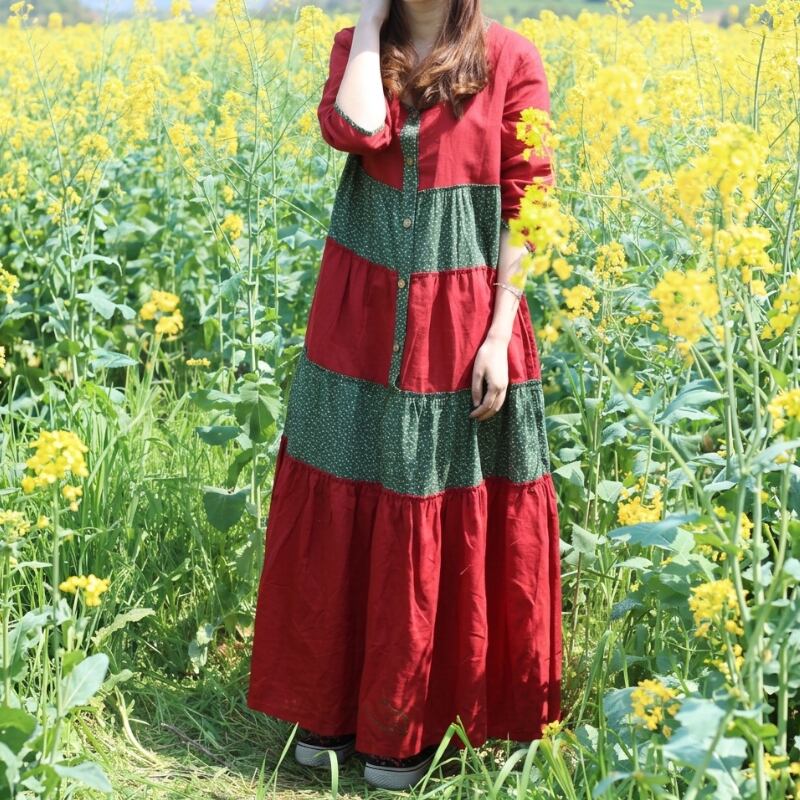 Color-Block Botanical Button-Front Flare One-Piece S0340
