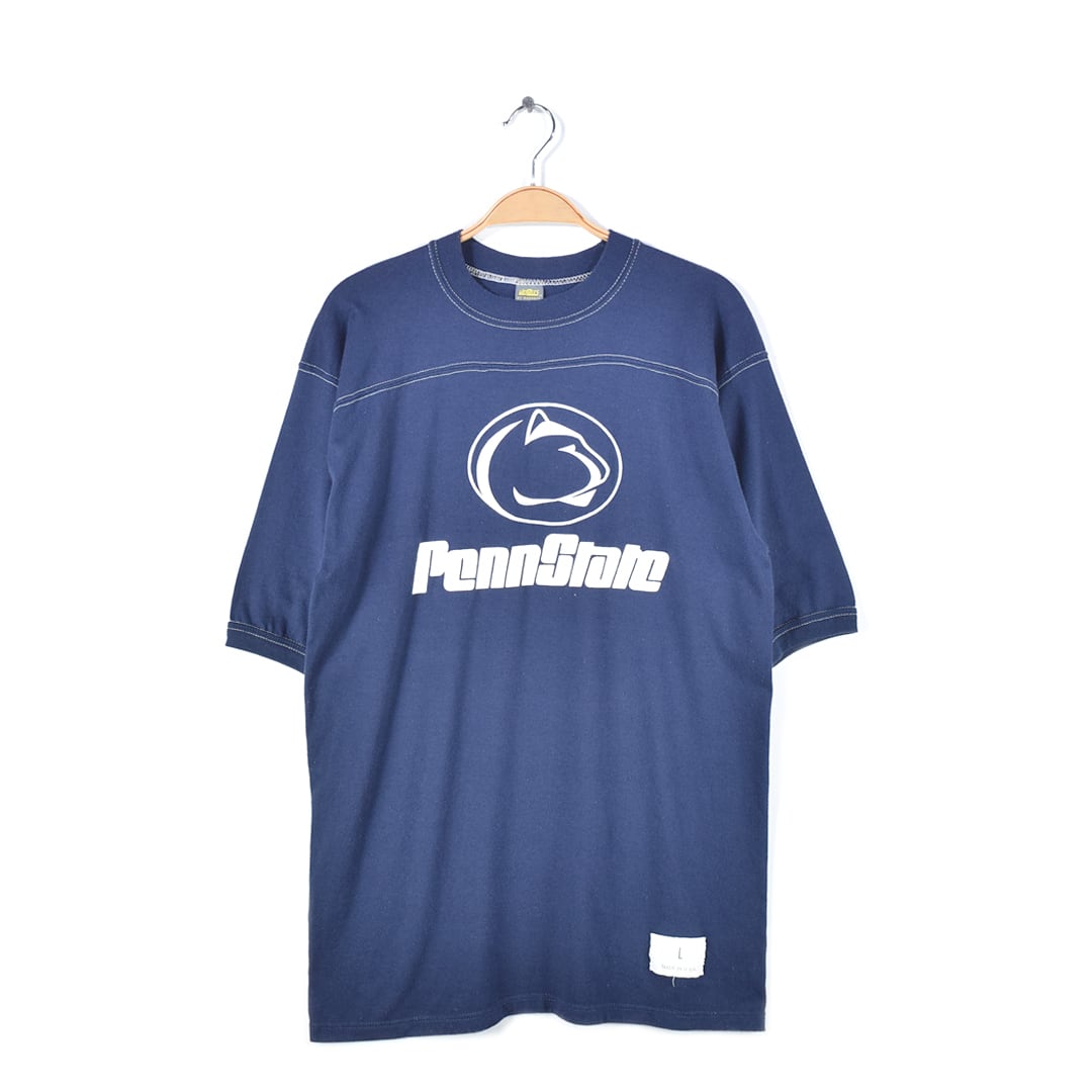 80s ペンシルバニア州立大学 USA製 ヴィンテージTシャツ カレッジプリント フットボールT ネイビー メンズL 古着 @BZ0313