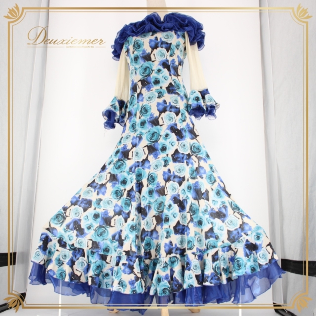 社交ダンス 衣装 スタンダード ドレス ワンピース パーティ衣装 オールシーズン 青 水色 ICHIOKU イチオク ブルー系 ホワイト系 白 ドレスタイプ フレア シフォン エレガント ローズ柄 バルーンスリーブ イベント用 発表会 演出用 伸縮性あり 飽きないデザイン 花柄 女性用 着心地良い パーティーコーデ おしゃれ 春夏秋冬