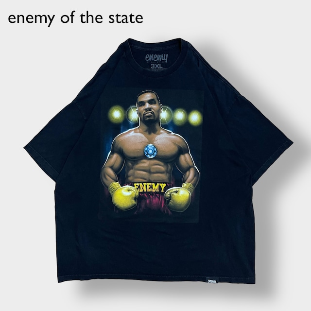 【ENEMY OF THE STATE】USA製 3XL ビッグシルエット ボクシング Tシャツ バックロゴ イラスト マイクタイソン風 黒 半袖 us古着