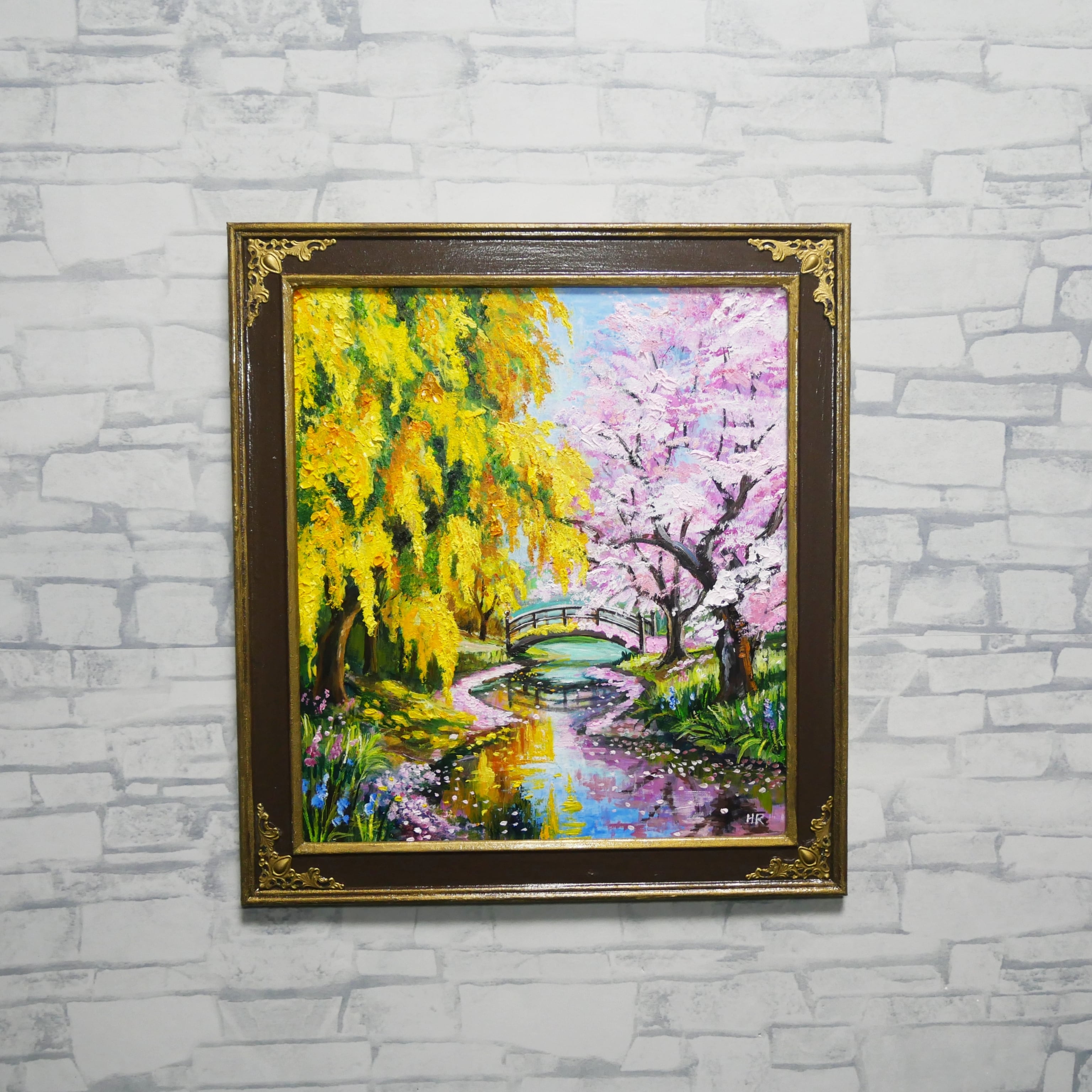 油絵 原画「陽だまりの庭園 〜桜とミモザの咲く日〜」 手描き 一点物