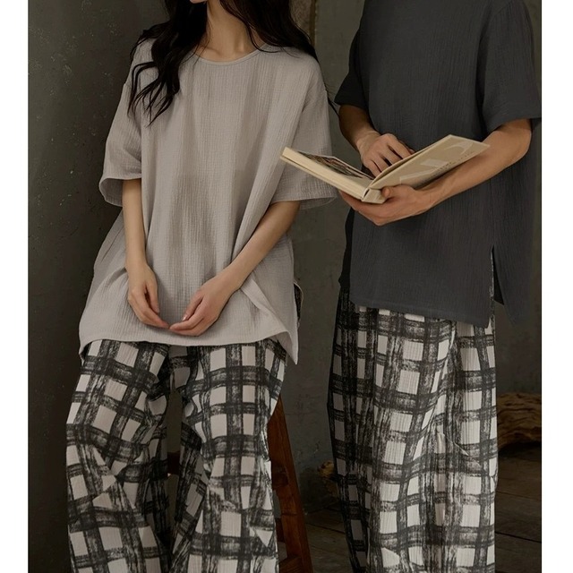 訳ありSALE【M-XL】t-shirt check pattern longpants pajamas p1661