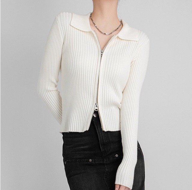Wジッパー ニット リブ カーディガン ジップアップ 普通丈トップス 長袖 襟付き タイト 編み込み カラバリあり ブラック 黒 グレー 灰色 ホワイト 白 無地 フリーサイズ オフィス 学校 大学 職場 外出 仕事 1枚で決まる 普段使い 日常使い 華奢見え 細見え 若見え 着回し デイリー 合わせやすい スタイルアップ ベーシック シンプル ナチュラル カジュアル セクシー マニッシュ モダン クール おしゃれ こなれ感 ママ 学生 10代 20代 30代 40代 休日 通勤用 通学用 お出かけ