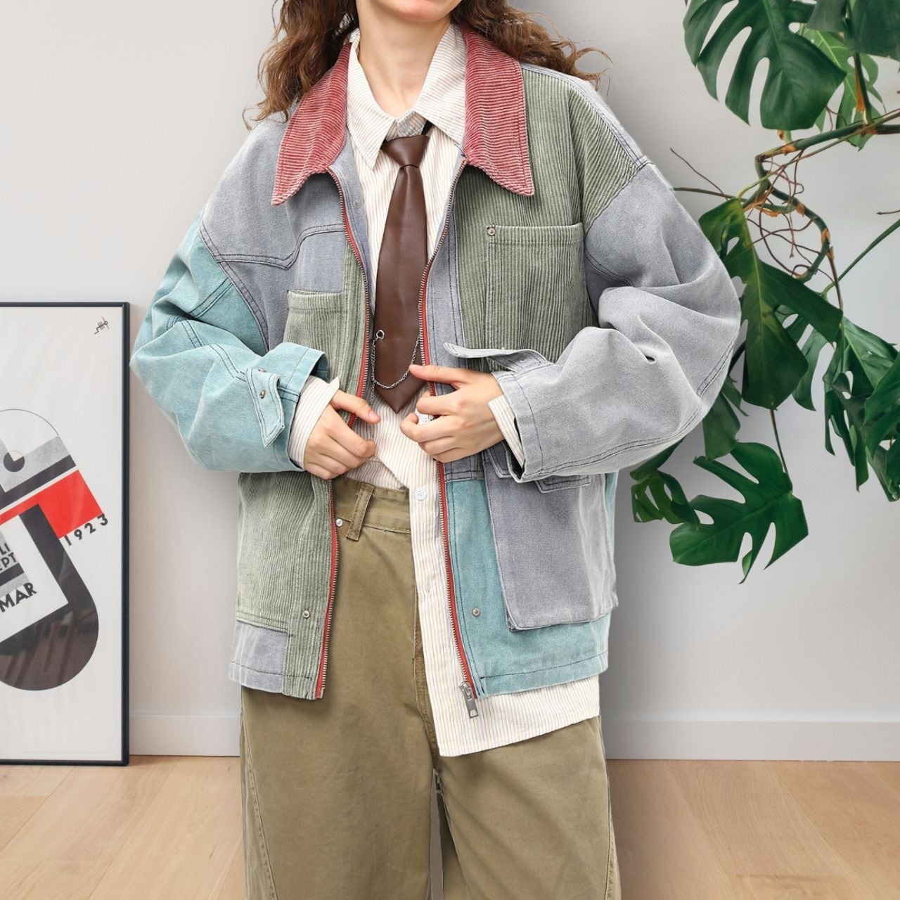 カラーブロックパッチワークジャケット R00827