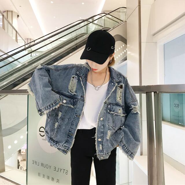 デニムジャケット ハイダメージ ストリート ゆったり オーバーサイズ